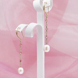 Pearl & Pink Sapphire Dangle Earrings, 14K Gold Filled